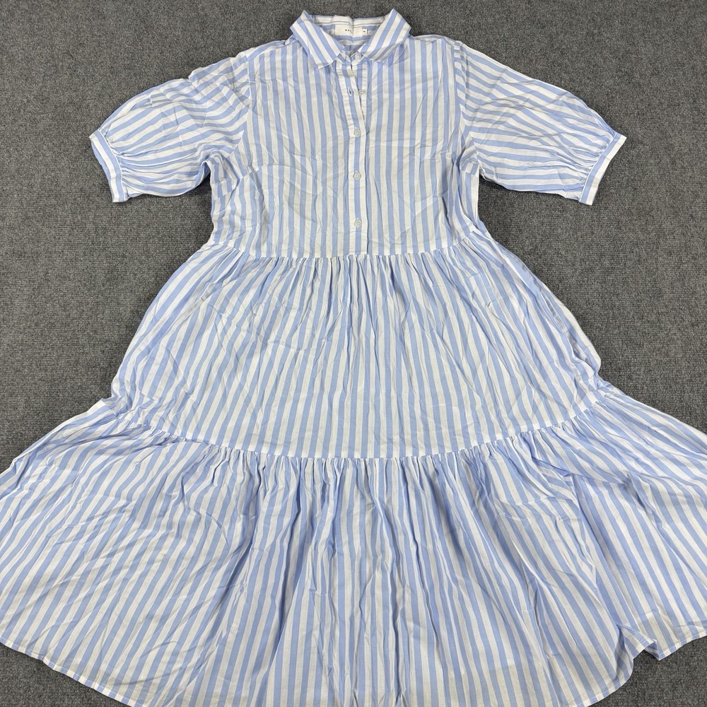 Maye Dress Womens Large Blue White Striped Midi Tiered Collared Popover